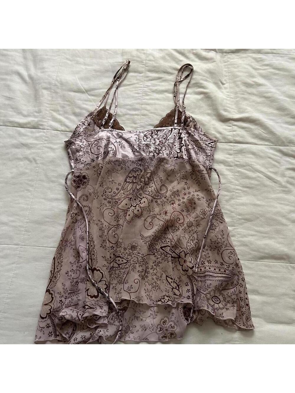 Y2K Pink Paisley Babydoll Lace Trim Sheer Cami Top Coquette Large - Picture 5 of 8